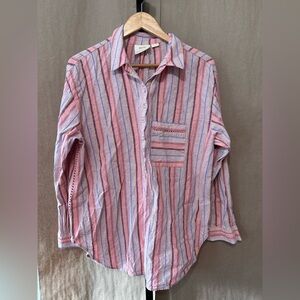 Anthropologie Pink and Blue Striped Linen Button-Down Shirt